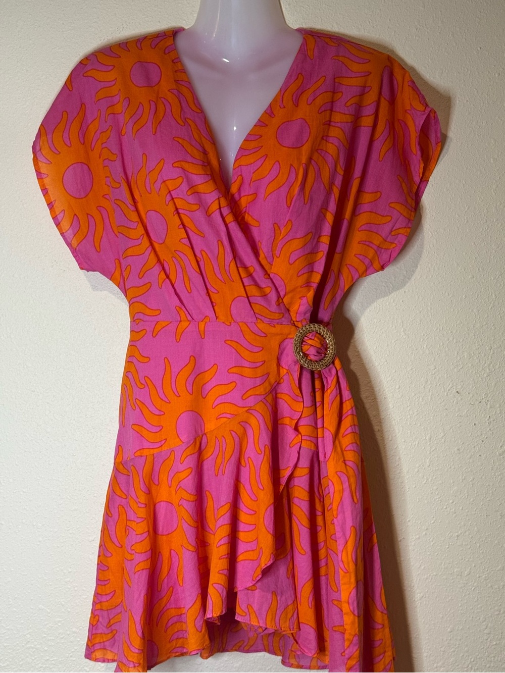 J. Marie 100% Cotton Sunburst Wrap Mini Dress with Bloomers Pink & Orange, Small